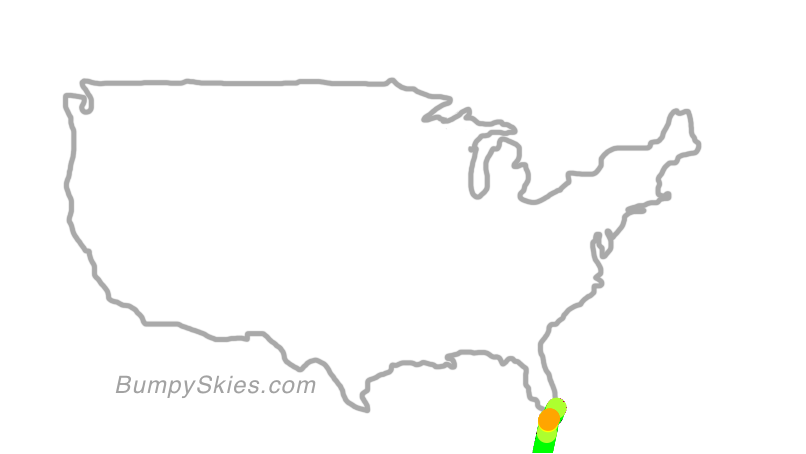 Map of continental US with illustrated flight path and turbulence forecast (described in text below)