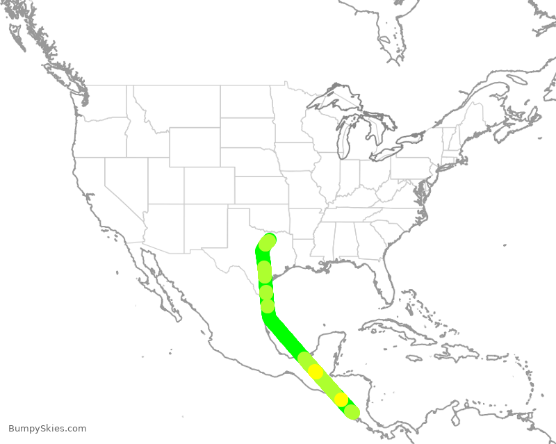 Turbulence forecast map for AAL372, LIR to DFW