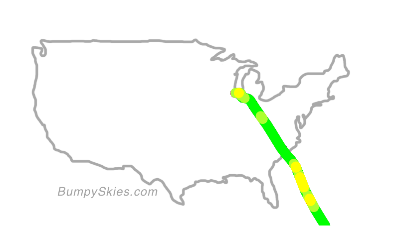 Map of continental US with illustrated flight path and turbulence forecast (described in text below)