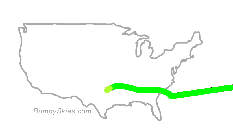Map of continental US with illustrated flight path and turbulence forecast (described in text below)