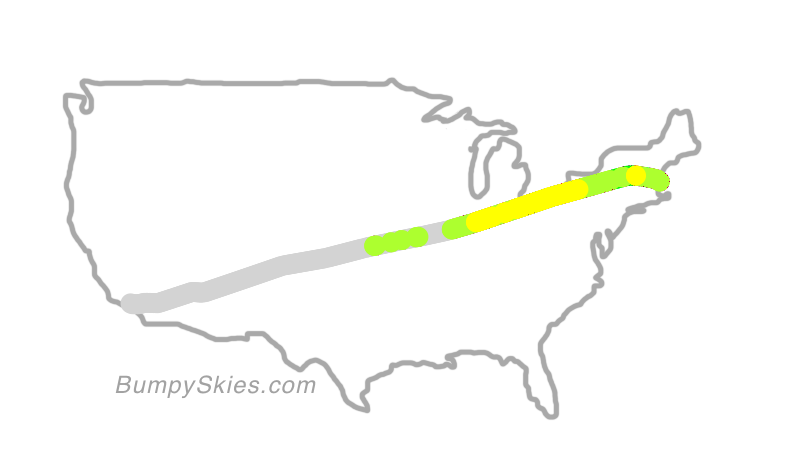 Map of continental US with illustrated flight path and turbulence forecast (described in text below)