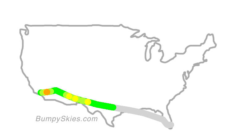 Map of continental US with illustrated flight path and turbulence forecast (described in text below)