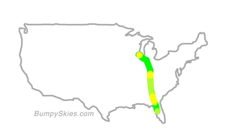 Map of continental US with illustrated flight path and turbulence forecast (described in text below)