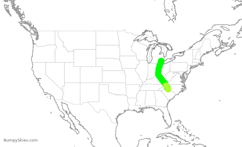 Turbulence forecast map for AAL387, DTW to CLT