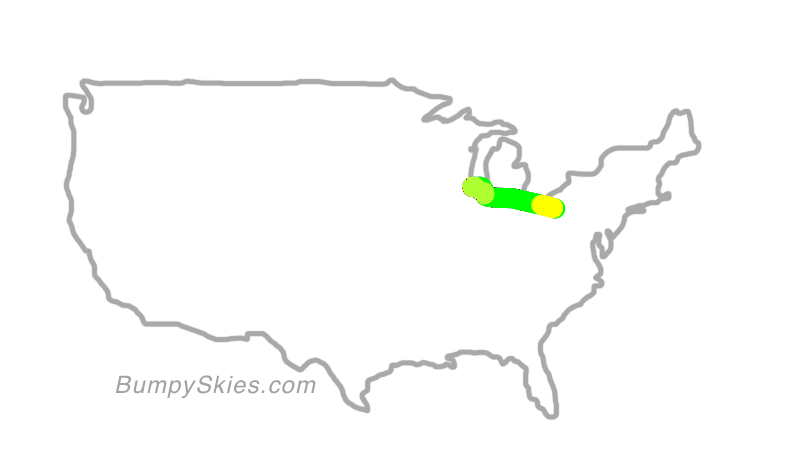 Map of continental US with illustrated flight path and turbulence forecast (described in text below)