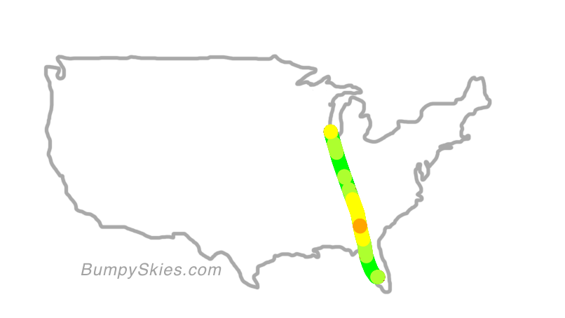 Map of continental US with illustrated flight path and turbulence forecast (described in text below)