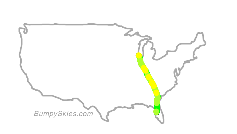 Map of continental US with illustrated flight path and turbulence forecast (described in text below)
