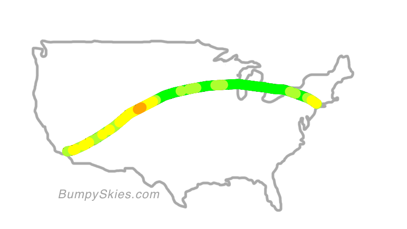 Map of continental US with illustrated flight path and turbulence forecast (described in text below)