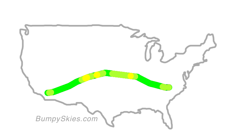 Map of continental US with illustrated flight path and turbulence forecast (described in text below)