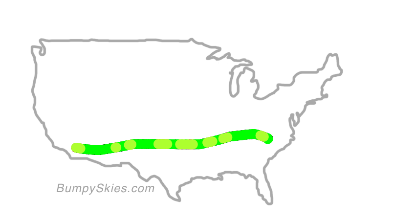 Map of continental US with illustrated flight path and turbulence forecast (described in text below)
