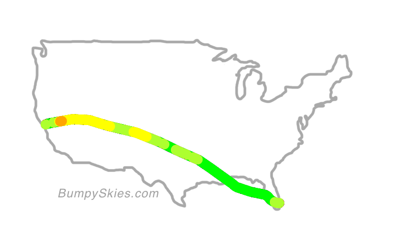 Map of continental US with illustrated flight path and turbulence forecast (described in text below)