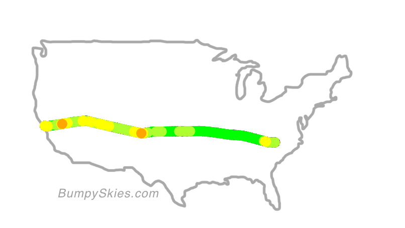 Map of continental US with illustrated flight path and turbulence forecast (described in text below)