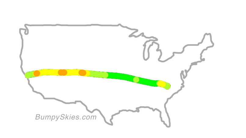 Map of continental US with illustrated flight path and turbulence forecast (described in text below)