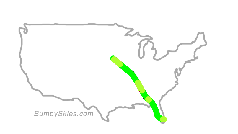 Map of continental US with illustrated flight path and turbulence forecast (described in text below)