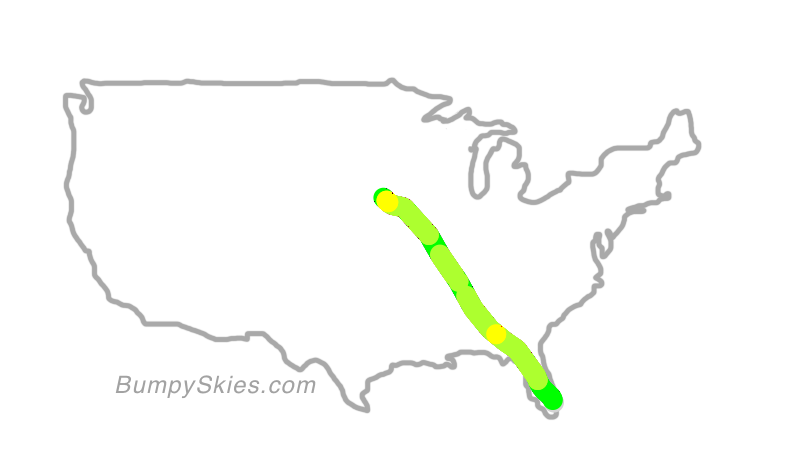 Map of continental US with illustrated flight path and turbulence forecast (described in text below)