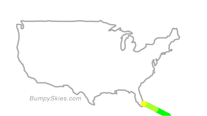 Map of continental US with illustrated flight path and turbulence forecast (described in text below)