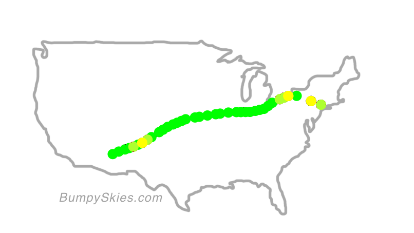 Map of continental US with illustrated flight path and turbulence forecast (described in text below)