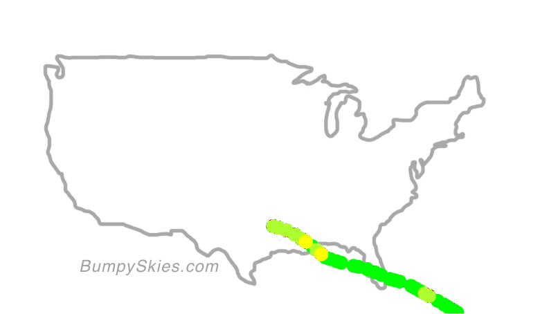 Map of continental US with illustrated flight path and turbulence forecast (described in text below)