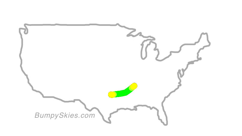 Map of continental US with illustrated flight path and turbulence forecast (described in text below)