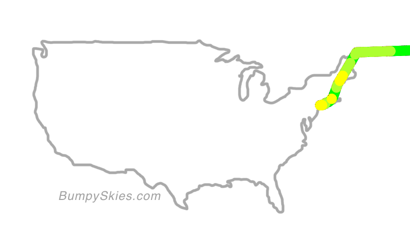 Map of continental US with illustrated flight path and turbulence forecast (described in text below)