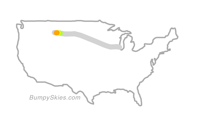 Map of continental US with illustrated flight path and turbulence forecast (described in text below)