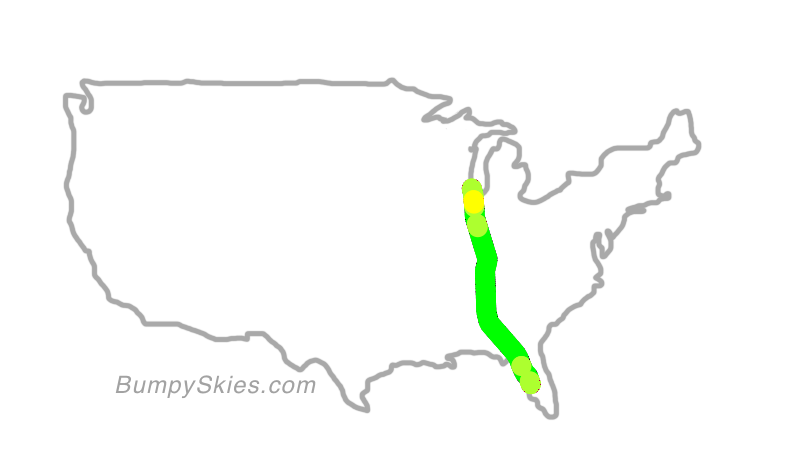 Map of continental US with illustrated flight path and turbulence forecast (described in text below)