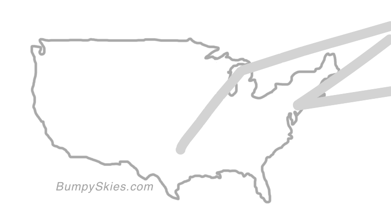 Map of continental US with illustrated flight path and turbulence forecast (described in text below)