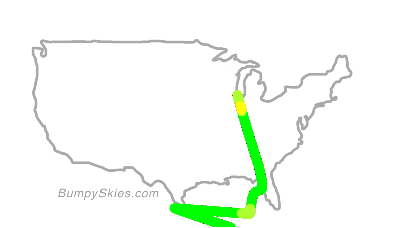 Map of continental US with illustrated flight path and turbulence forecast (described in text below)