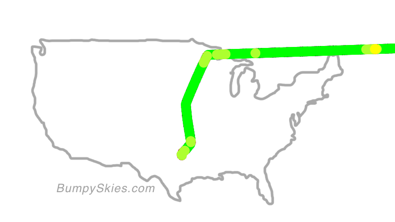 Map of continental US with illustrated flight path and turbulence forecast (described in text below)