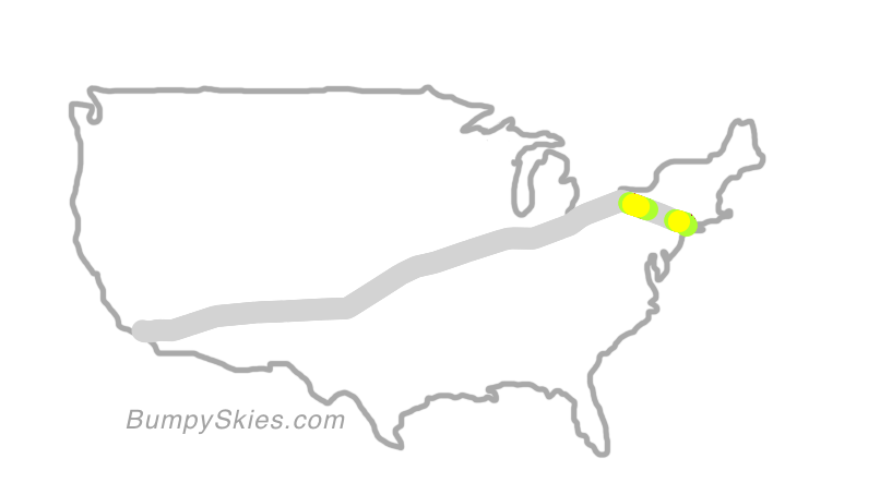 Map of continental US with illustrated flight path and turbulence forecast (described in text below)
