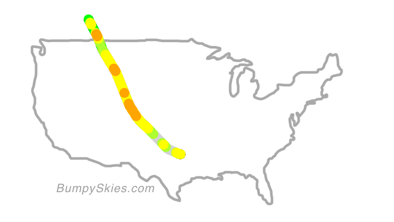 Map of continental US with illustrated flight path and turbulence forecast (described in text below)