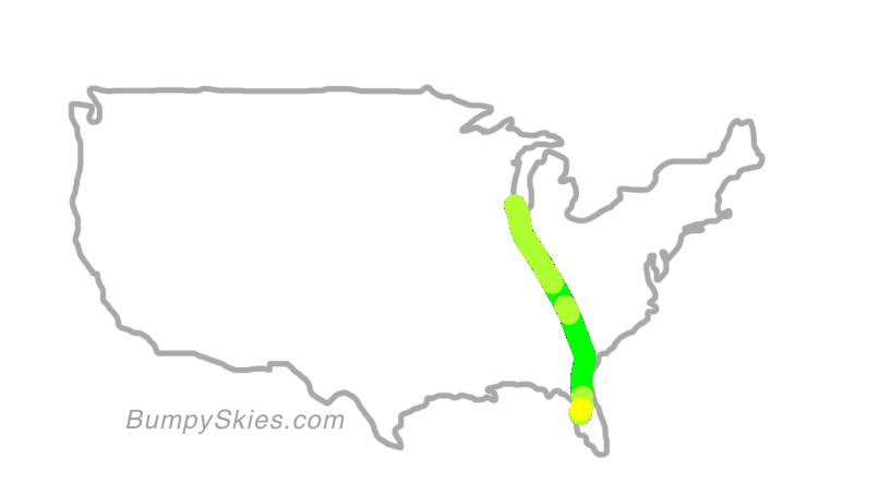 Map of continental US with illustrated flight path and turbulence forecast (described in text below)