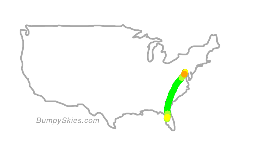 Map of continental US with illustrated flight path and turbulence forecast (described in text below)