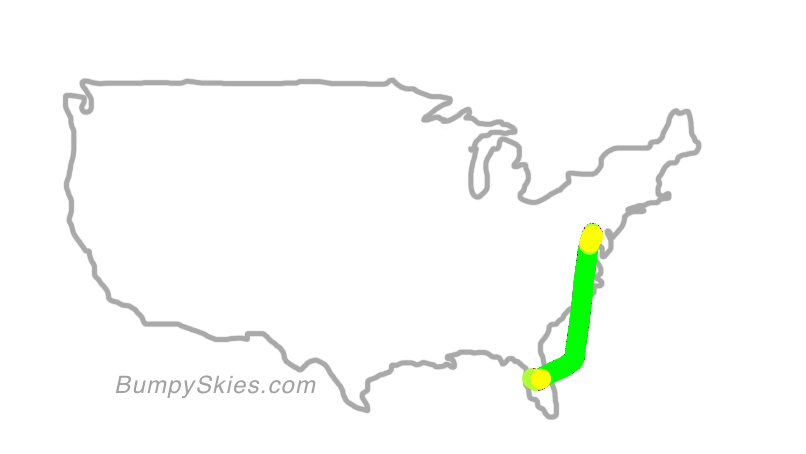Map of continental US with illustrated flight path and turbulence forecast (described in text below)