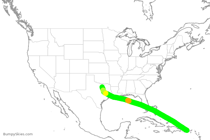 Turbulence forecast map for AAL514, DFW to SJU