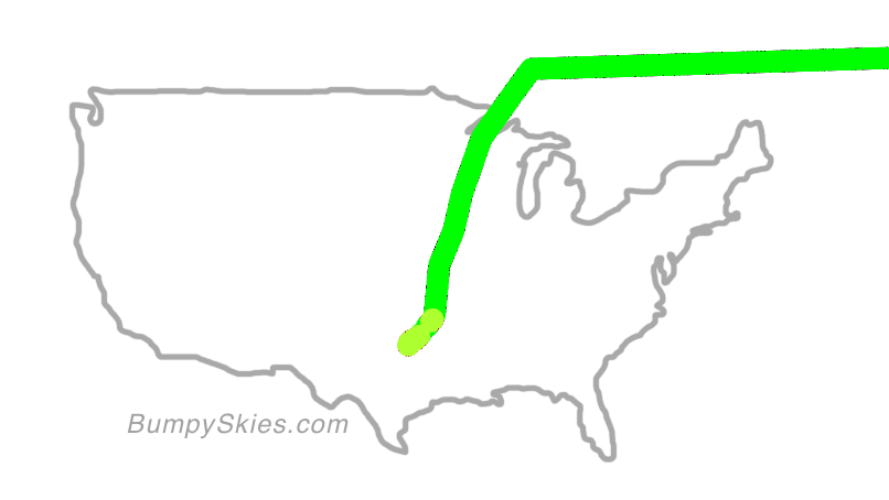 Map of continental US with illustrated flight path and turbulence forecast (described in text below)
