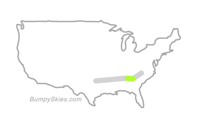 Map of continental US with illustrated flight path and turbulence forecast (described in text below)