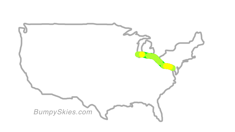 Map of continental US with illustrated flight path and turbulence forecast (described in text below)