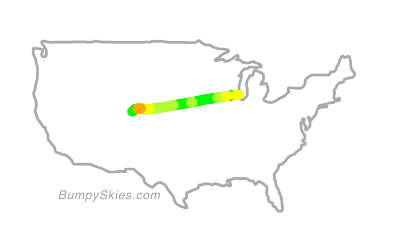 Map of continental US with illustrated flight path and turbulence forecast (described in text below)