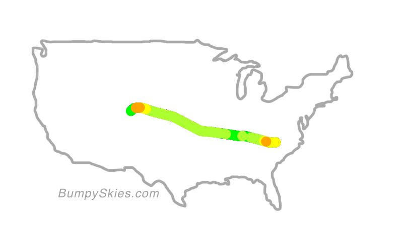 Map of continental US with illustrated flight path and turbulence forecast (described in text below)