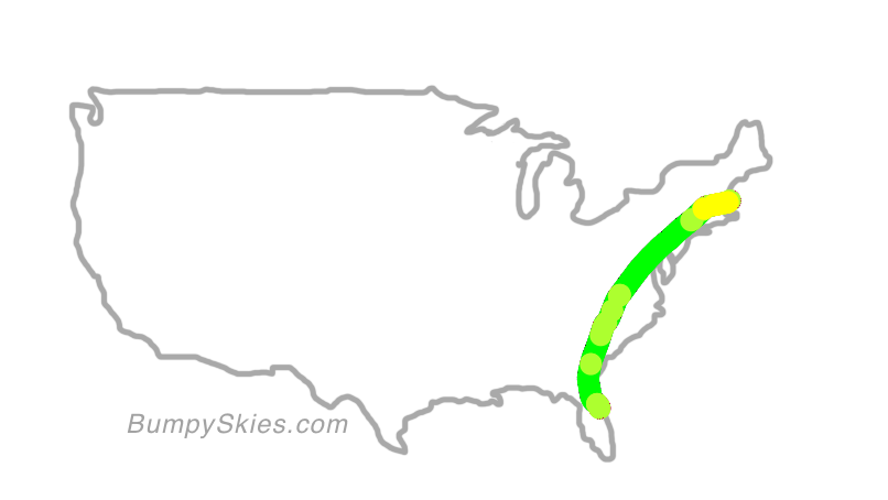 Map of continental US with illustrated flight path and turbulence forecast (described in text below)