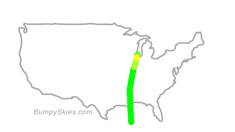 Map of continental US with illustrated flight path and turbulence forecast (described in text below)