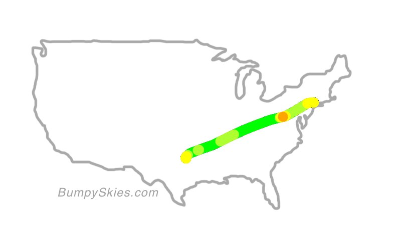 Map of continental US with illustrated flight path and turbulence forecast (described in text below)