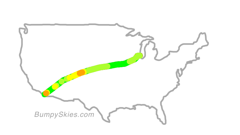 Map of continental US with illustrated flight path and turbulence forecast (described in text below)