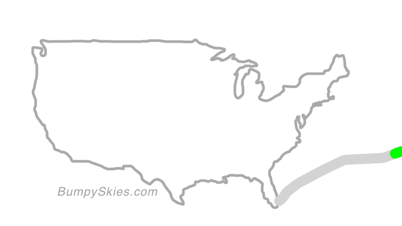 Map of continental US with illustrated flight path and turbulence forecast (described in text below)