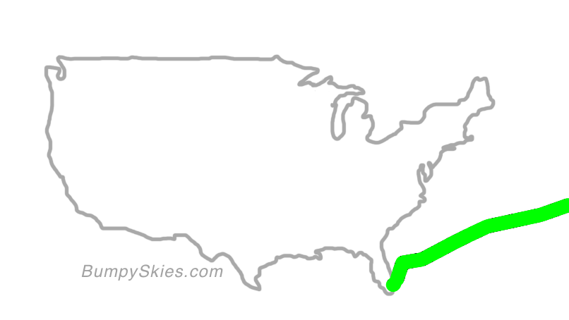 Map of continental US with illustrated flight path and turbulence forecast (described in text below)