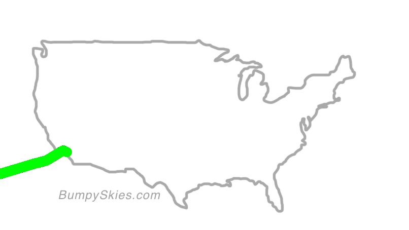 Map of continental US with illustrated flight path and turbulence forecast (described in text below)