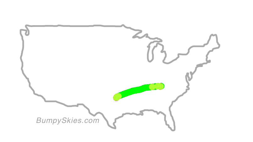 Map of continental US with illustrated flight path and turbulence forecast (described in text below)