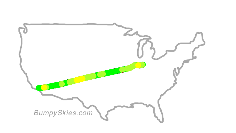 Map of continental US with illustrated flight path and turbulence forecast (described in text below)