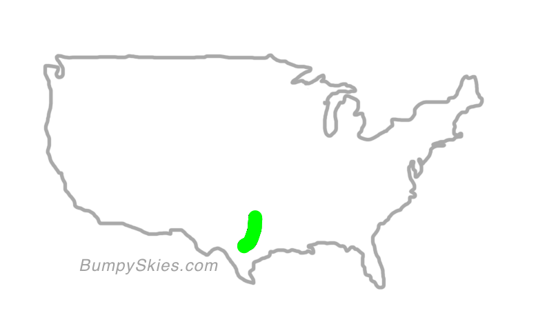 Map of continental US with illustrated flight path and turbulence forecast (described in text below)